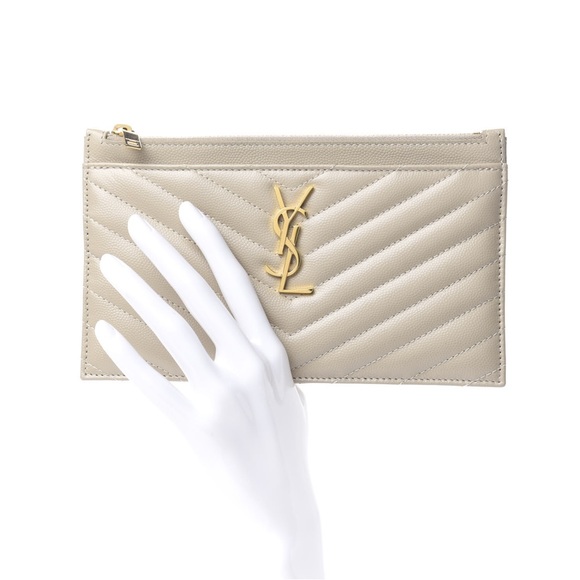 YSL CASSANDRE SAINT LAURENT MATELASSÉ ZIPPED POUCH GRAIN DE POUDRE BILL Sea Salt - Picture 3 of 8